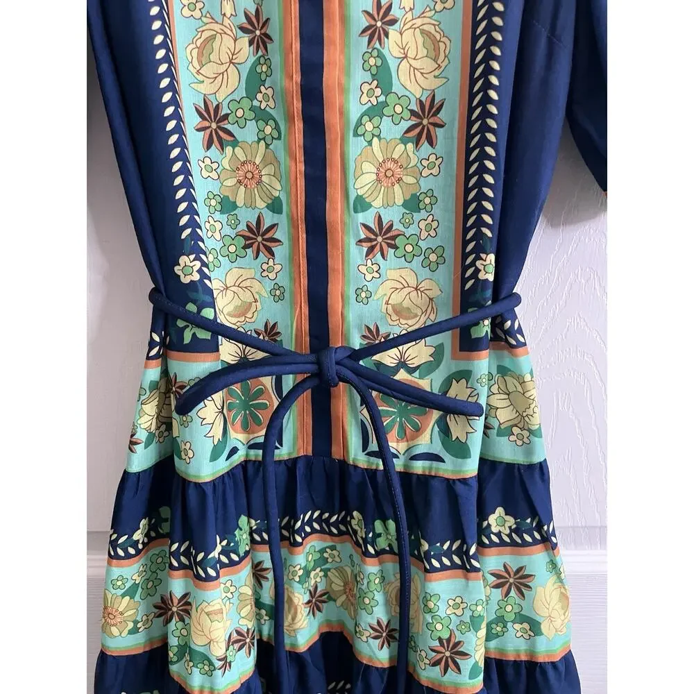 LUXXEL Navy Floral Puff Sleeve Button Front Tiered Maxi Dress Sz M NWT - Picture 5 of 16